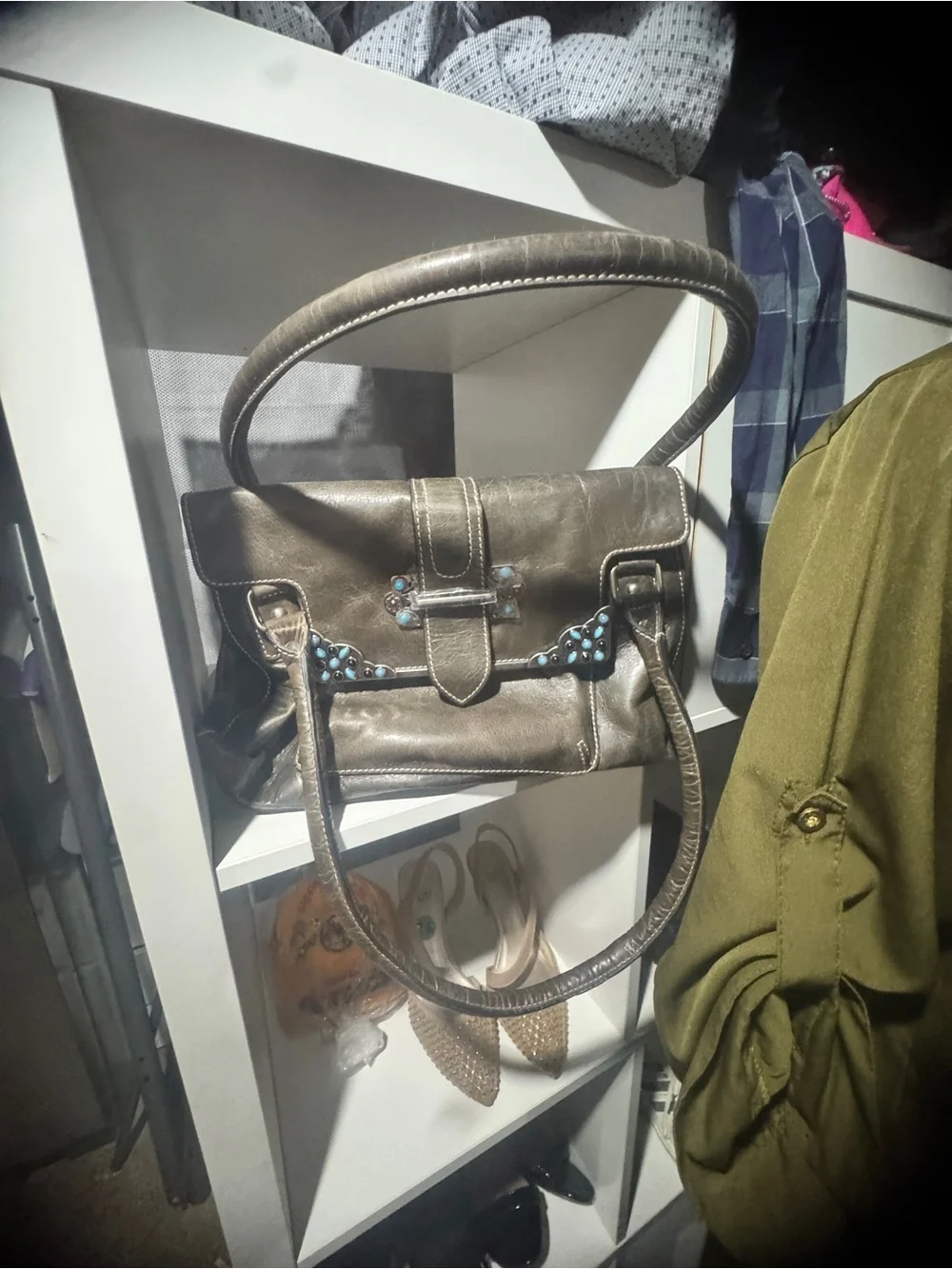 Brown Leather Satchel with Turquoise Accent Detail